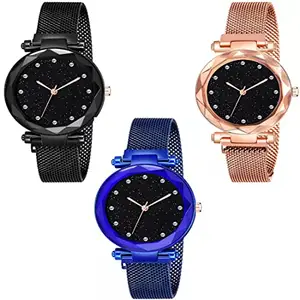 GOLDENIZE FASHION Branded Analogue Multicolour Stylish Black Dial Magnet Watch with Gift Bracelet for Women or Girls and Watch for Girl or Women(Pack 0f 3)