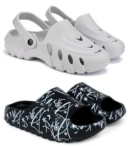 Pampy Angel Combo Pack of 2 Slipper/Flip Flops/Slides/Clogs/Sandals for Men,(Clogs-100-M-Grey, YN-11-Black),6 (UK/India)