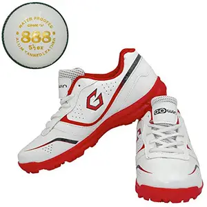 Gowin Academy White/Red Cricket Shoes Size-5 with TR-888-W Cricket Leather Ball Alum Tanned White