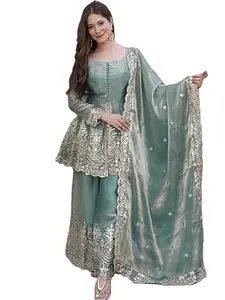 SAMRAGNI Women’s Fandy Silk Kurta Palazzo Dupatta Set | Sequins Embroidered Ethnic Wear | Full Sleeve Festive Outfit