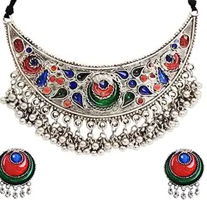 Total Fashion Afghani Oxidised Multi Meenakari Work Choker Necklace Set for Women & Girls,Multi-Colour