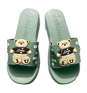 Wolvesden Flip-Flops & Slippers | Home Indoor & Outdoor Teddy Bear Design Soft PU Flip-Flop And Slippers For Women-Green_5