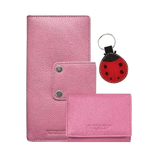 ABYS Genuine Leather Pink Long Women Wallet||Unisex Card Holder with Keyring Combo Offer