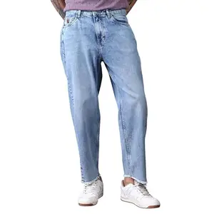 Campus Sutra Men's Light Blue Unhemmed Light-Wash Denim Jeans for Casual Wear | Mid-Rise | Straight Fit | Button Closure | Denim Jeans Crafted with Comfort Fit for Everyday Wear