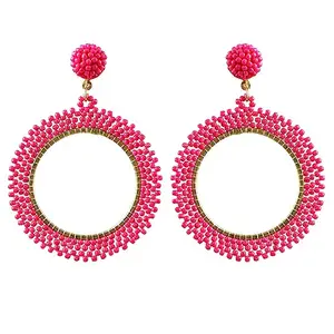 University Trendz Handmade Circle Hot Seed Beads Pink Hoops Earrings for Women & Girls