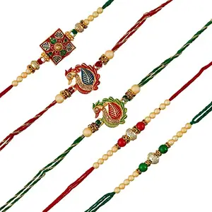 eCraftIndia Green & Red Set of 5 Peacock, Flower, Beads, Pearl Designer Rakhis with Roli Chawal Pack - Rakhi for Brother, Bhaiya, Bhai