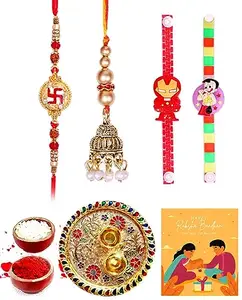 Shivshakti Exports Bhaiya Bhabhi and Two Kids Rakhi and Pooja Thali Gift Set for Tilak-BB2KTS101