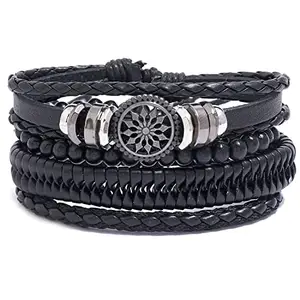 Peora Black Leather Set of 4 Bracelet Silver Plated Stainless Steel Metal Stylish Design Fashion Jewellery for Men & Boys (PX9LB28)