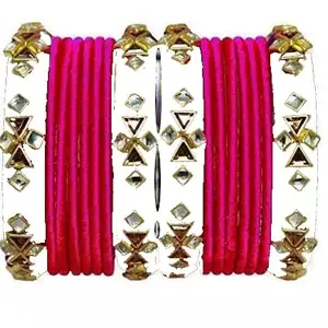 HARSHAS INDIA CRAFT Silk Thread Bangles New Model Plastic with Pink Bangle Set For Women & Girls (White) (Pack of 16) (Size-2/4)