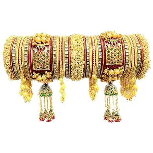 SHINE OF STARS Bridal Jewellery Bangles Set Gold Plated/Punjabi Chuda Set for Wedding with Rajasthani Kundan Meenakari Stones & Pearl for Women & Girls - (whtdumorr:- 2.6)