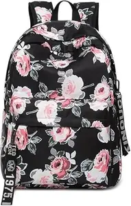 RHYTHM 20L Backpack School Bag For Travel With Bottle Compartment | Trendy Water Resistant High Storage Bag For Men & Women | Boys & Girls Laptop Printed Backpack For College Gift (Black Rose)