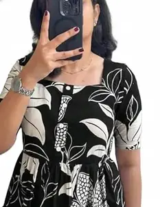 Rayon Printed Kurta for Women, Short Sleeve Flared Dress, Casual Wear
