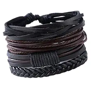 Jewelgenics 4pcs Per Set Multilayer Leather Handmade Bracelet With Adjustable Length Wristband For Mens, Womens (Brown Black)