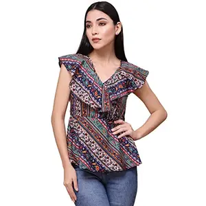 OOMPH! Women's Crepe Printed top with V-Neck and Ruffle Sleeve