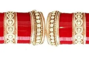 BANGLESKART Ethnic Bridal Chura, Red, Decorated with Stones and Pearls, Set of 2, Ad Bangles Chooda Punjabi Style Bridal With Pacheli Kada Chura set (2.6)