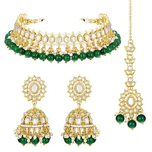 Peora Gold Plated Green Kundan Studded Choker Necklace Jhumki Earrings & Maang Tikka Ethnic Fashion Jewellery Set Gift for Women & Girls