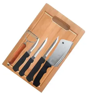 VK Stores VK Stores - Small Wooden Chopping Board (30 cm x 20 cm) with 5 Pcs Knife Set Vegetable & Meat Cutting, Cutter, Bamboo Slicing Grater Chopper Slicer Combo Set Accessories Tools