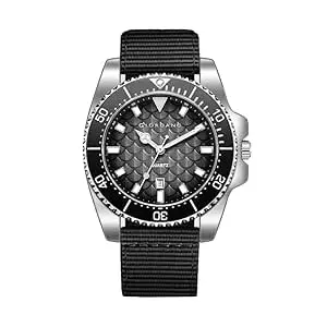 Giordano Analog Quartz Watch for Men with Black Textured Fish Scale Dial, Luminous Hands & Markers, Date Window, Nylon NATO Strap, Rotating Bezel