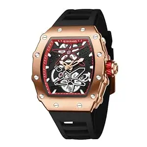 Giordano Analog Skeleton Dial Watch for Men – Tonneau Case, Silicone Strap, Open-Gear Sport Design, Quartz Movement