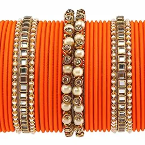 T4 Jewels Brass Metal Beads, Stones and Gemstones Studded Pearl & Glossy Finished Bangle Set for Women & Girls_Orange_2.6