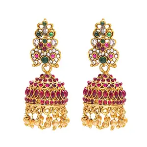 Shining Jewel - By Shivansh Shining Jewel Handcrafted Multicolor Stone Design Antique Gold Plated Kundan Polki Temple Jewellery Jhumka Earring For Women (SJ_1925)