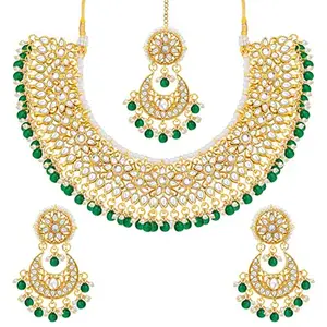 Amazon Brand - Anarva Women 18K Gold Plated Traditional Handcrafted Faux Kundan & Pearl Studded Bridal Choker Necklace Jewellery Set With Earrings & Maang Tikka (K7076G)