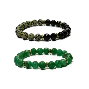 Gemaltic Black Tourmaline With Dalmatian Jasper And Green Aventurine Reiki Healing Crystal Bracelet For Unisex 8 mm (Black-Green)