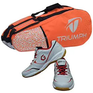 Gowin Badminton Shoe Smash Grey Size-12 Kids with Triumph Badminton Bag 303 Orange/Grey