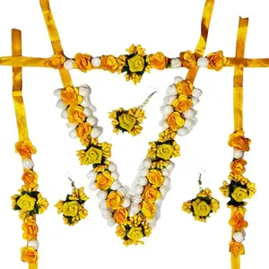 PATWA TRADERS Flowers Long Jewellery Set For Haldi Gota Patti Necklace, Earrings,Bracelet & Maang Tika for Women & Girls (Mehandi/Haldi) (White &Yellow Set 1)