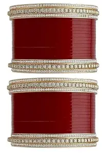 BANGLESKART Bridal Punjabi Chura, Mehroon/Golden Chuda Set, Wedding Bangles for Girls and Women, Hand Painted Gold Plated Brass with Beads (2.10)