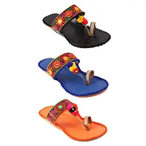 SHREE OL Women's PVC Rajasthani Jaipuri Work Kolhapuri Slippers Flip Flop Combo of 3 (Multicolour)