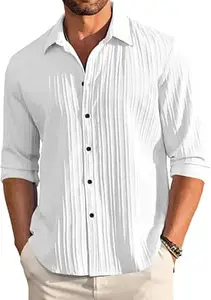FINIVO FASHION Men's Casual Cotton Plain Button Down Shirt Long Sleeve Textured Summer Beach Shirt for Men