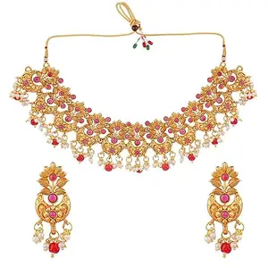 Amazon Brand - Anarva Antique Pink Floral Choker Chaandbali Style Necklace Set For Women