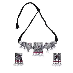 Elegant Maroon Stone Square with Peacock Choker Necklace for Women – Unique Oxidized Statement Jewelry