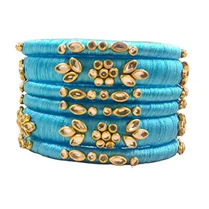 HABSA HABSA Hand Made Fancy Festival Silk Thread Fancy Festival Wear Kundan Stone Bangles Set of 6 Bangles Sky Blue(size-2/10)