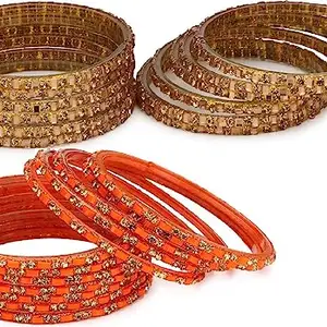 Combo Of Designer Bridal Party & Wedding Colorful Glass Kada/Bangle Set, Pack Of 24, Golden & Orange (GG_Bangle2-JI1.c_bang)