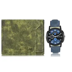 LOREM Combo of Blue Wrist Watch & Green Color Artificial Leather Wallet (Wl16-Lr02-Fz)
