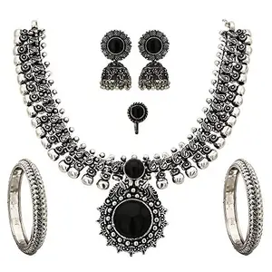 Sasitrends Oxidised German Silver Necklace with Jumki and Nosepin and Bangles for Women and Girls