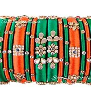 Blue jays hub Silk Thread Bangles New kundan Style Orange and green Color Set of 14 for Women/Girls (Orange and green, 2.6)