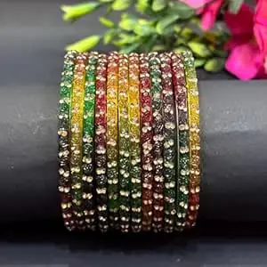 Bangle Women's Traditional designer glass zircon bangles set with rose pattern and golden stone work stylish for occasional wear(Pack of 12 Pcs)