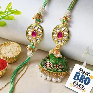eCraftIndia Set of 2 Kundan, Pearl Peacock Designer Rakhis Best Bro Ever Fridge Magnet with Roli Chawal Pack - Rakhis for Brother, Bhabhi, Kids