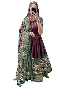 Kitmist Fashion Women's South Indian Silk Gown Banarasi Model Maxi Long Dress for Girls Traditional Full Length Anarkali Long Frock for Women (XX-Large, Dark Wine)