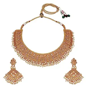 ACCESSHER AntiqueRajwadi Matte Gold Plated Semi - Precious Stones Studded Statement Necklace with Earrings and Maang tika for women and girls (Gold2)
