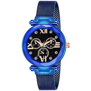 Red Robin New Roman Mina Design Round Black Dial with Latest Stylish Blue Magnet Belt Analogue Watch - for Women & Girls