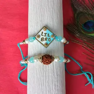 Lil Bro Rakhi Bracelet with Turquoise and Pearl Beads, Rudraksha Charm, Adjustable Thread, Rakhi for bhaiya and bhabhi
