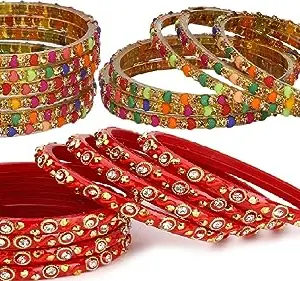 Somil Combo Of Designer Party & Wedding Colorful Glass Bangle/Kada Pcak Of 24, Multicolor,Red
