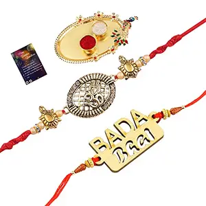 Exclusive Bhaiya Rakhi " BADA BHAI" Designer Pendent With Designer Look "OM" Rakhi Combo For Bhaiya With Roli Chawal And Greeting Card 1 Kankawati Pooja Thali -1165