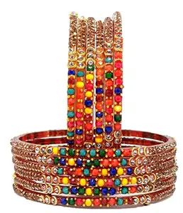 T4 Jewels (2.10 & 2.12 Size Golden & Silver Stones & Zircons Studded For Premium Look (Red/Multicolour) Glass Bangles Set For Women & Girls - (Set Of 12)_Multi_2.12