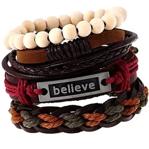 Jewelgenics Stone Beads Inspirational Believe Words Metal Leather Bracelet for Men and Women (Set of 4)