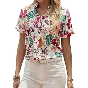 Gufrina Women's Floral Print V-Neck Casual Top – Lightweight Short Sleeve Top for Everyday Wear